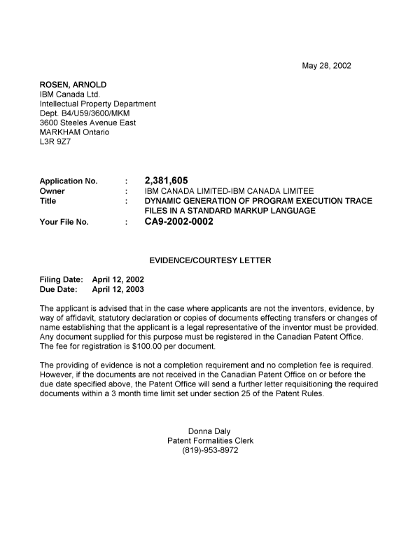 Document de brevet canadien 2381605. Correspondance 20020522. Image 1 de 1