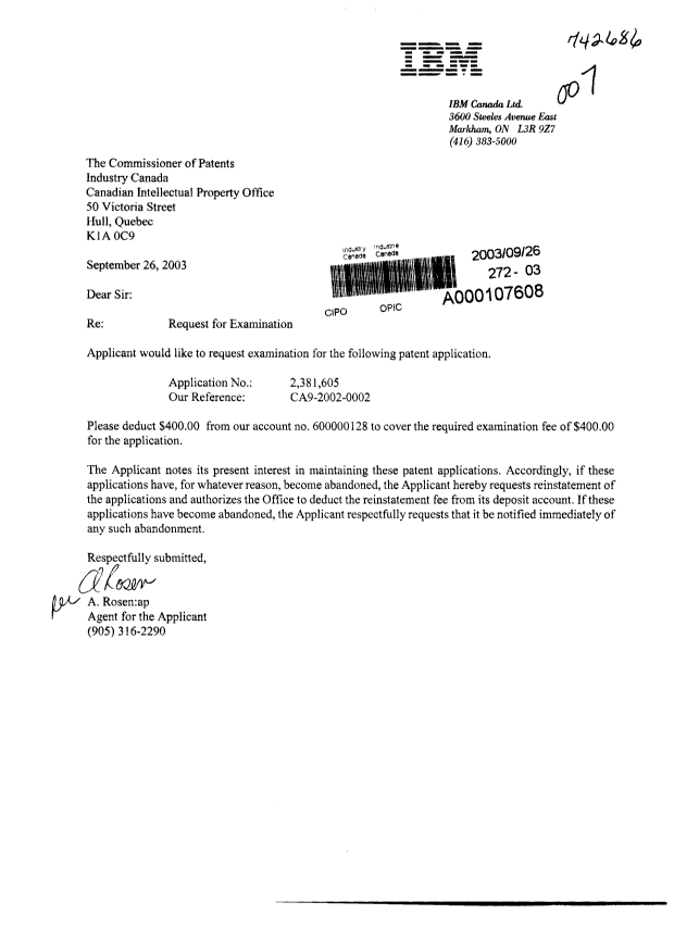 Canadian Patent Document 2381605. Prosecution-Amendment 20030926. Image 1 of 1