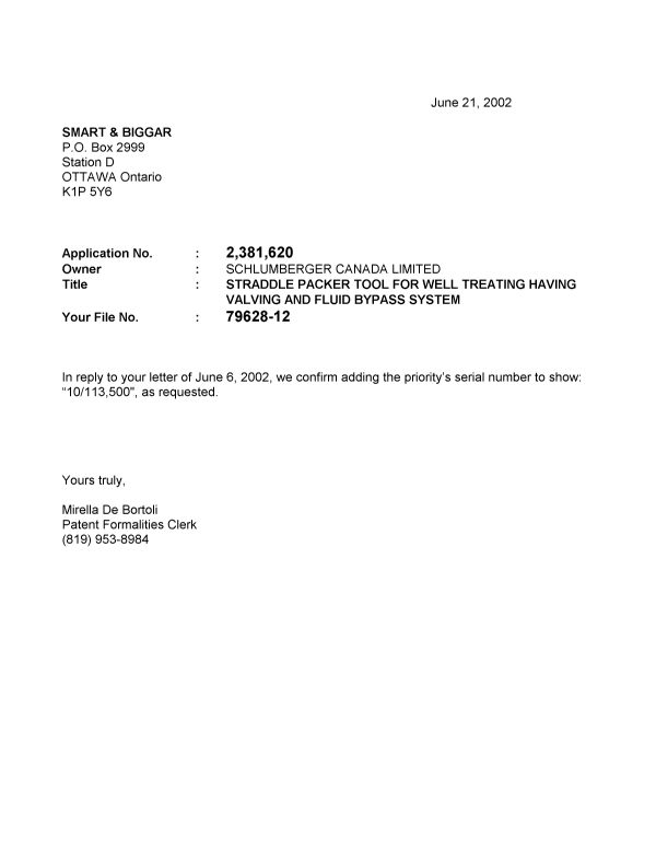 Document de brevet canadien 2381620. Correspondance 20020621. Image 1 de 1