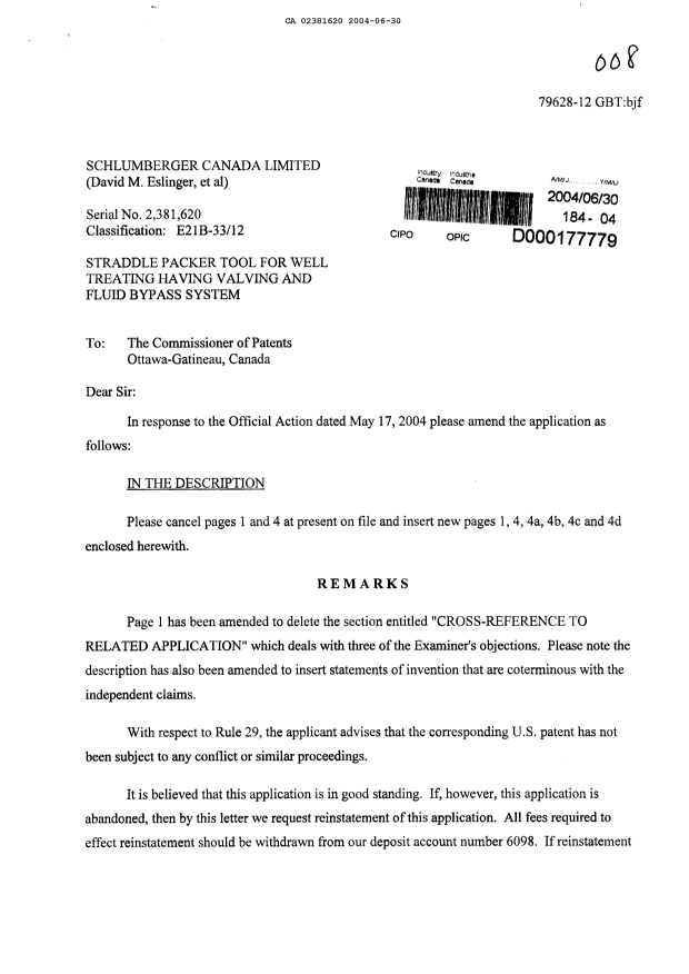 Document de brevet canadien 2381620. Poursuite-Amendment 20040630. Image 1 de 8