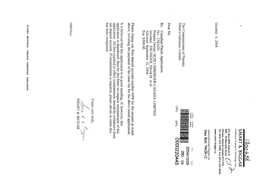 Canadian Patent Document 2381620. Correspondence 20041005. Image 1 of 1