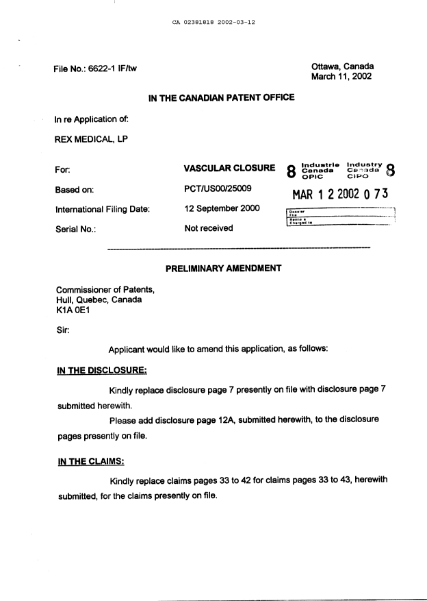 Canadian Patent Document 2381818. Prosecution-Amendment 20011212. Image 1 of 17