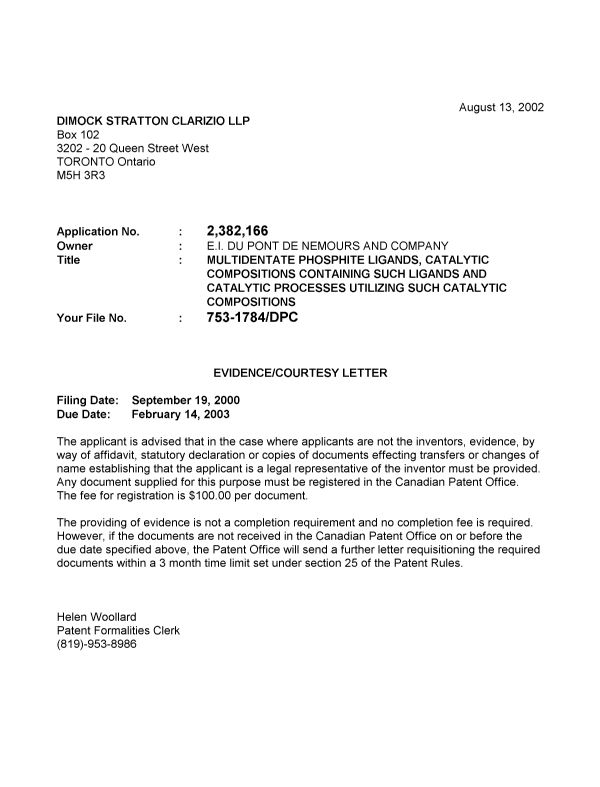 Document de brevet canadien 2382166. Correspondance 20020809. Image 1 de 1