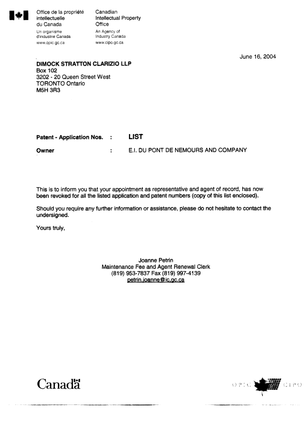 Document de brevet canadien 2382166. Correspondance 20040616. Image 1 de 1
