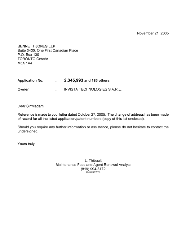 Document de brevet canadien 2382166. Correspondance 20051121. Image 1 de 1