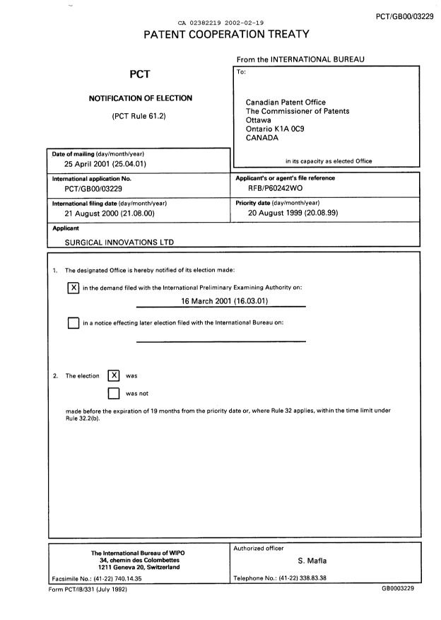Document de brevet canadien 2382219. PCT 20020219. Image 1 de 10