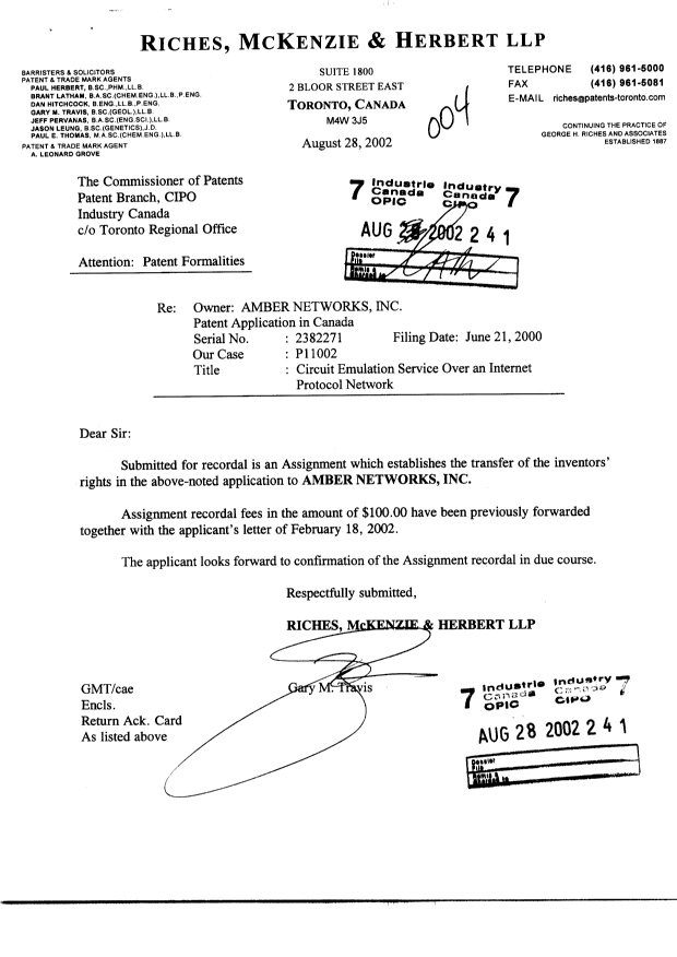 Document de brevet canadien 2382271. Cession 20011228. Image 1 de 7