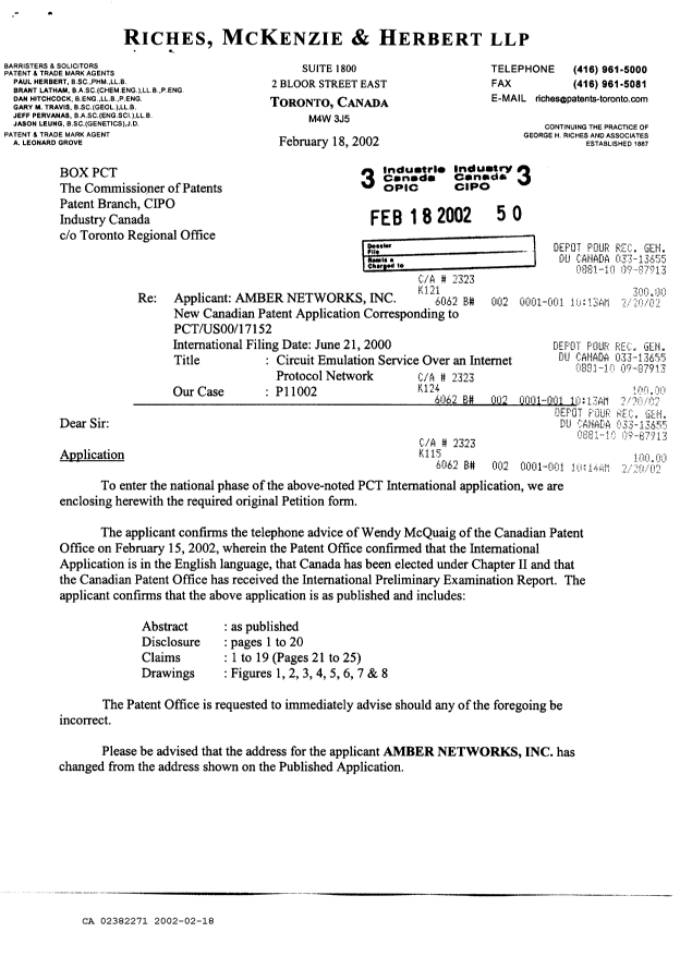 Document de brevet canadien 2382271. Cession 20020218. Image 1 de 4