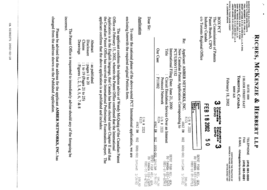 Document de brevet canadien 2382271. Cession 20020218. Image 1 de 4