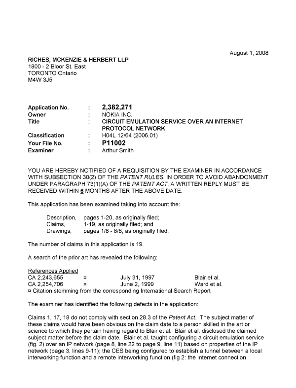 Canadian Patent Document 2382271. Prosecution-Amendment 20071201. Image 1 of 2