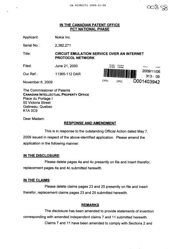 Canadian Patent Document 2382271. Prosecution-Amendment 20081206. Image 1 of 6