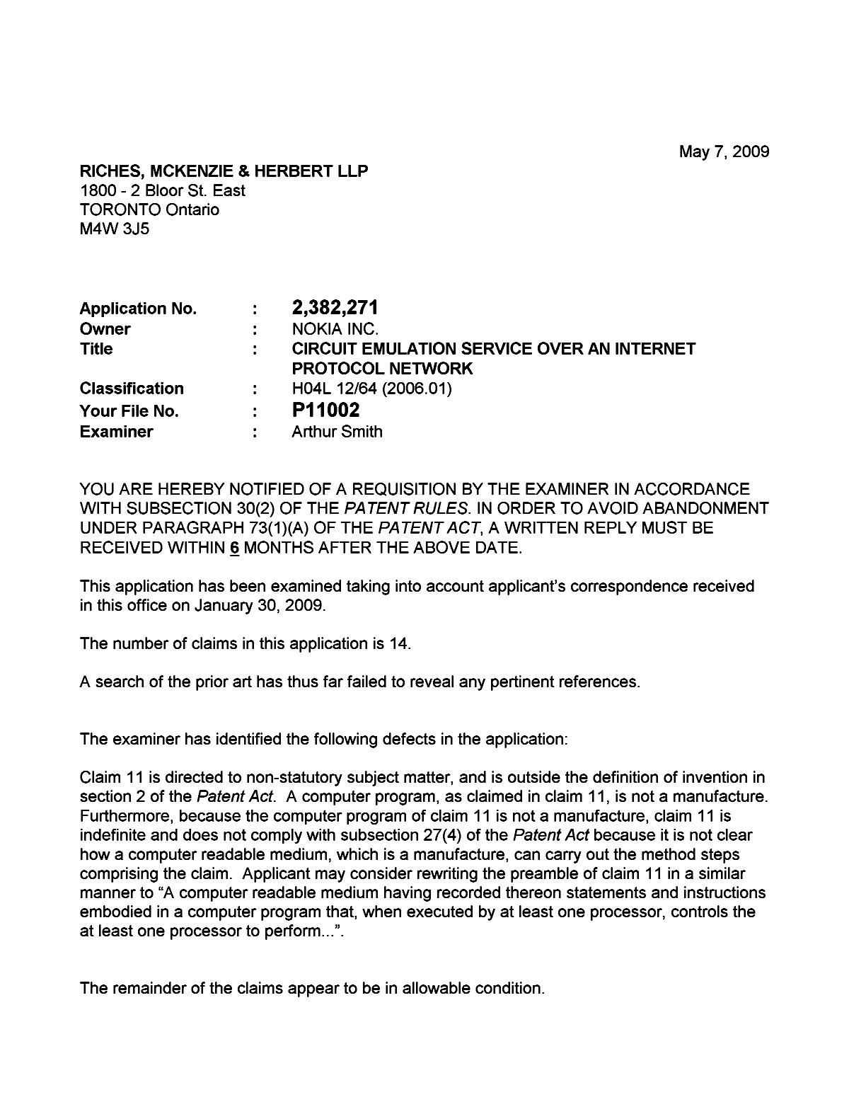 Canadian Patent Document 2382271. Prosecution-Amendment 20081207. Image 1 of 2