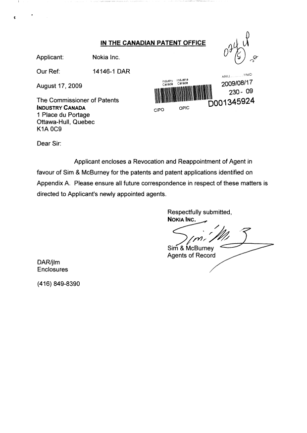 Document de brevet canadien 2382271. Correspondance 20081217. Image 1 de 3
