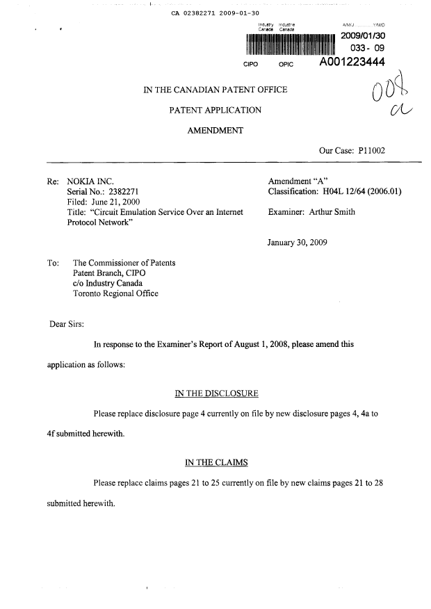 Canadian Patent Document 2382271. Prosecution-Amendment 20081230. Image 1 of 23
