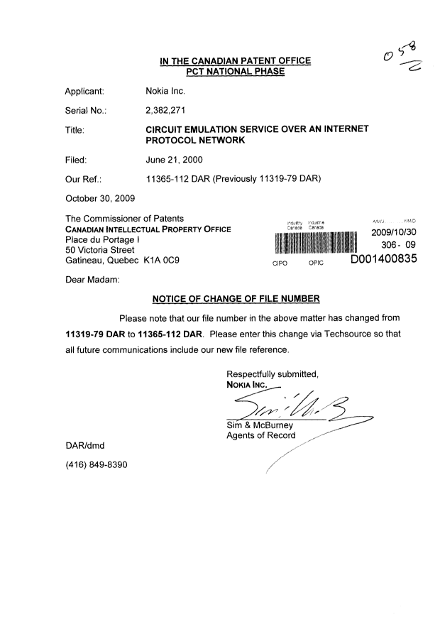 Document de brevet canadien 2382271. Correspondance 20081230. Image 1 de 1