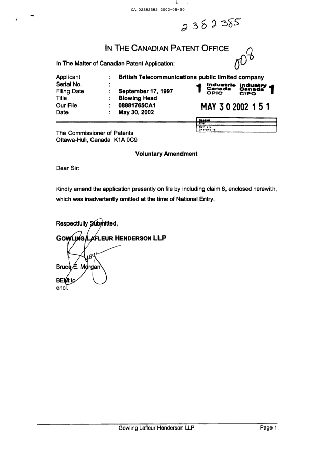 Document de brevet canadien 2382385. Poursuite-Amendment 20020530. Image 1 de 2