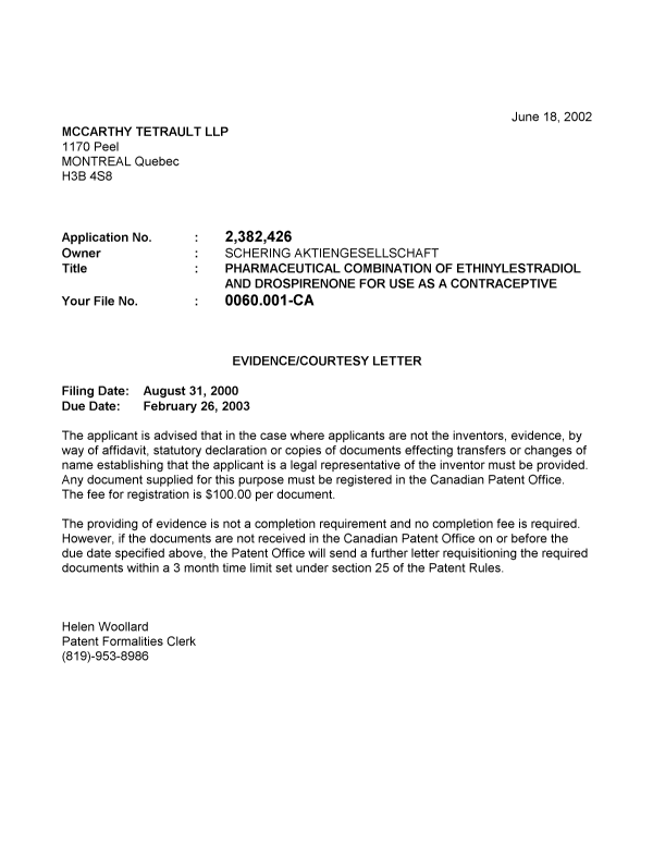 Document de brevet canadien 2382426. Correspondance 20011211. Image 1 de 1
