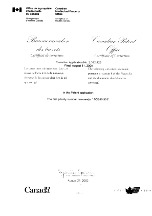Document de brevet canadien 2382426. Page couverture 20011221. Image 2 de 2