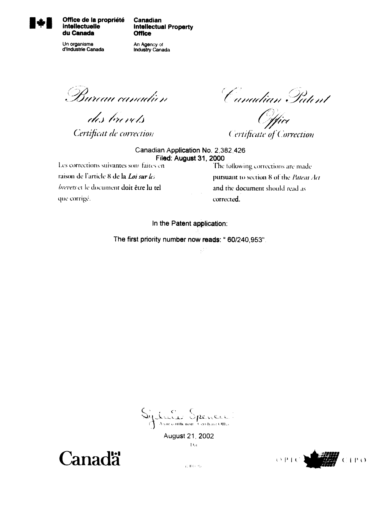 Canadian Patent Document 2382426. Cover Page 20011221. Image 2 of 2