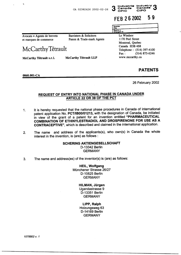 Canadian Patent Document 2382426. Assignment 20011226. Image 3 of 4