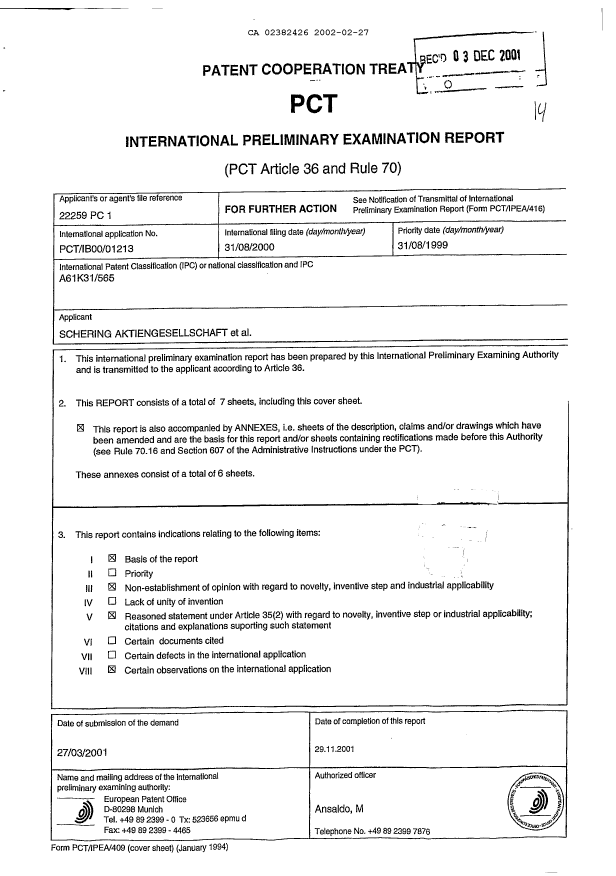 Document de brevet canadien 2382426. PCT 20011227. Image 1 de 7