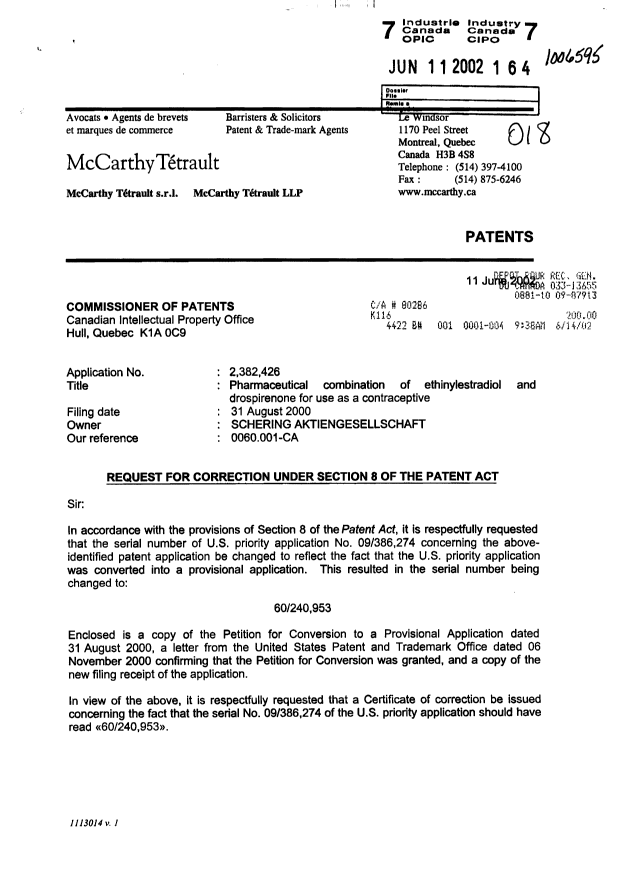 Document de brevet canadien 2382426. Correspondance 20020611. Image 1 de 5