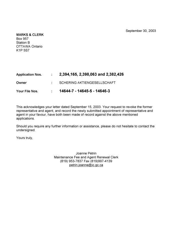Document de brevet canadien 2382426. Correspondance 20021230. Image 1 de 1