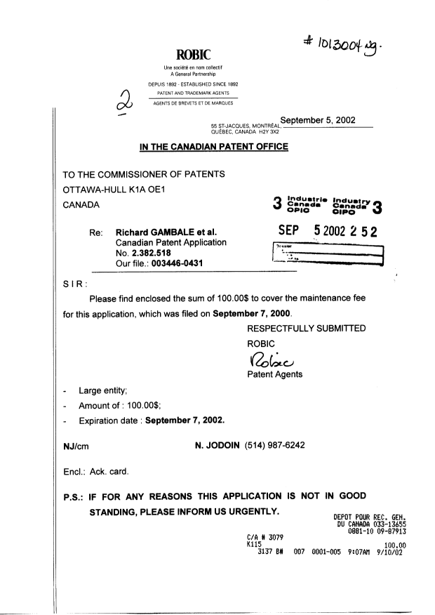 Canadian Patent Document 2382518. Fees 20011205. Image 1 of 1