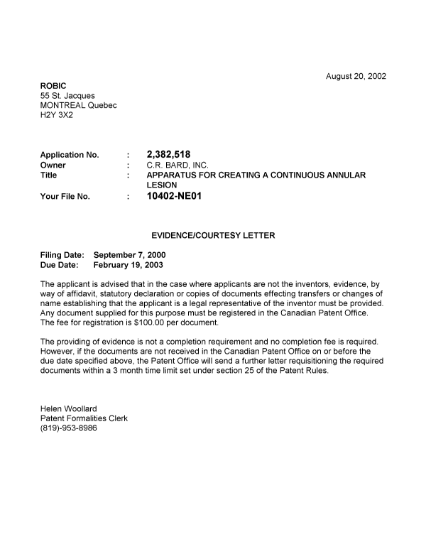 Canadian Patent Document 2382518. Correspondence 20011214. Image 1 of 1