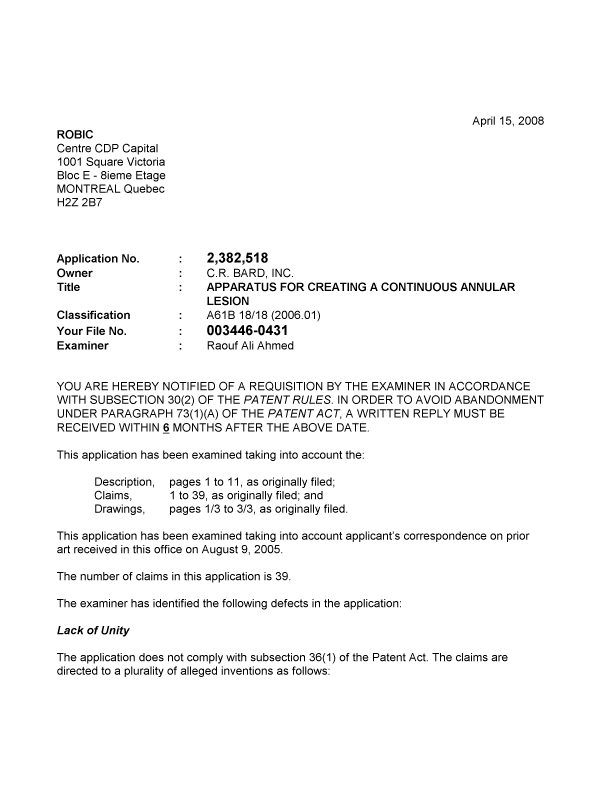 Canadian Patent Document 2382518. Prosecution-Amendment 20071215. Image 1 of 2