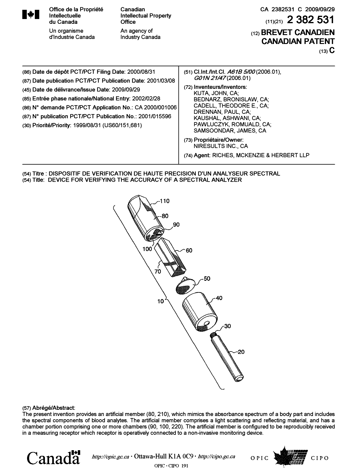 Canadian Patent Document 2382531. Cover Page 20090903. Image 1 of 1