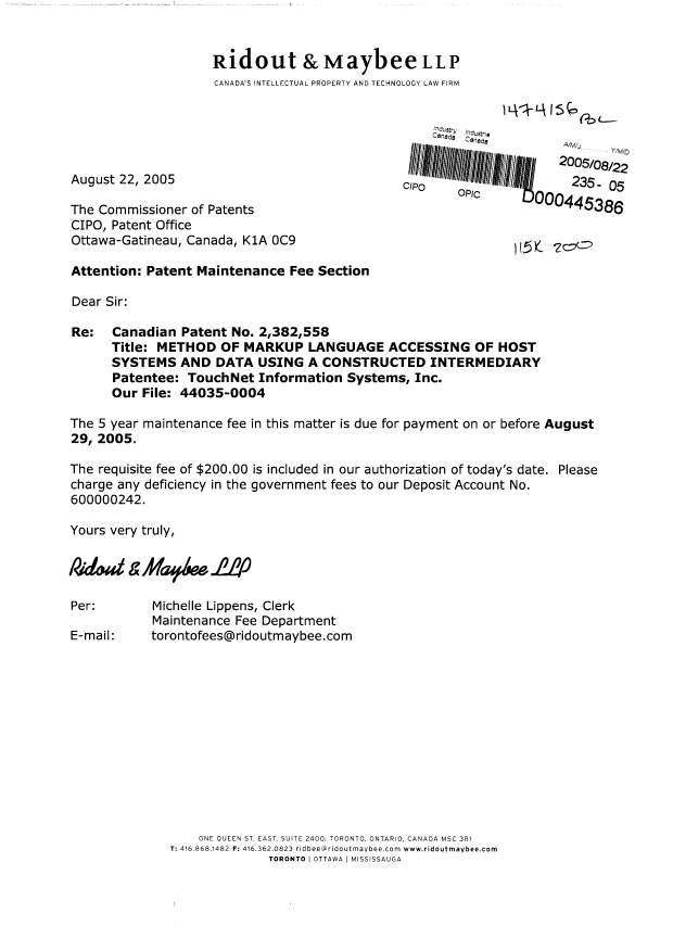 Document de brevet canadien 2382558. Taxes 20050822. Image 1 de 1
