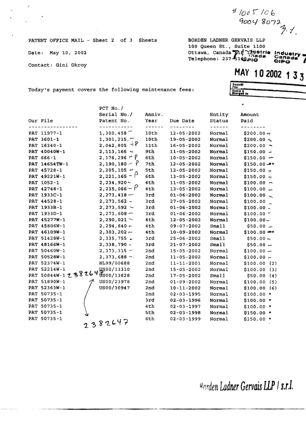 Document de brevet canadien 2382647. Taxes 20020510. Image 1 de 2