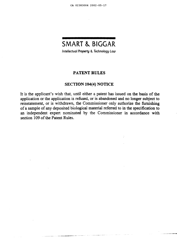 Canadian Patent Document 2383004. Prosecution-Amendment 20020517. Image 1 of 1