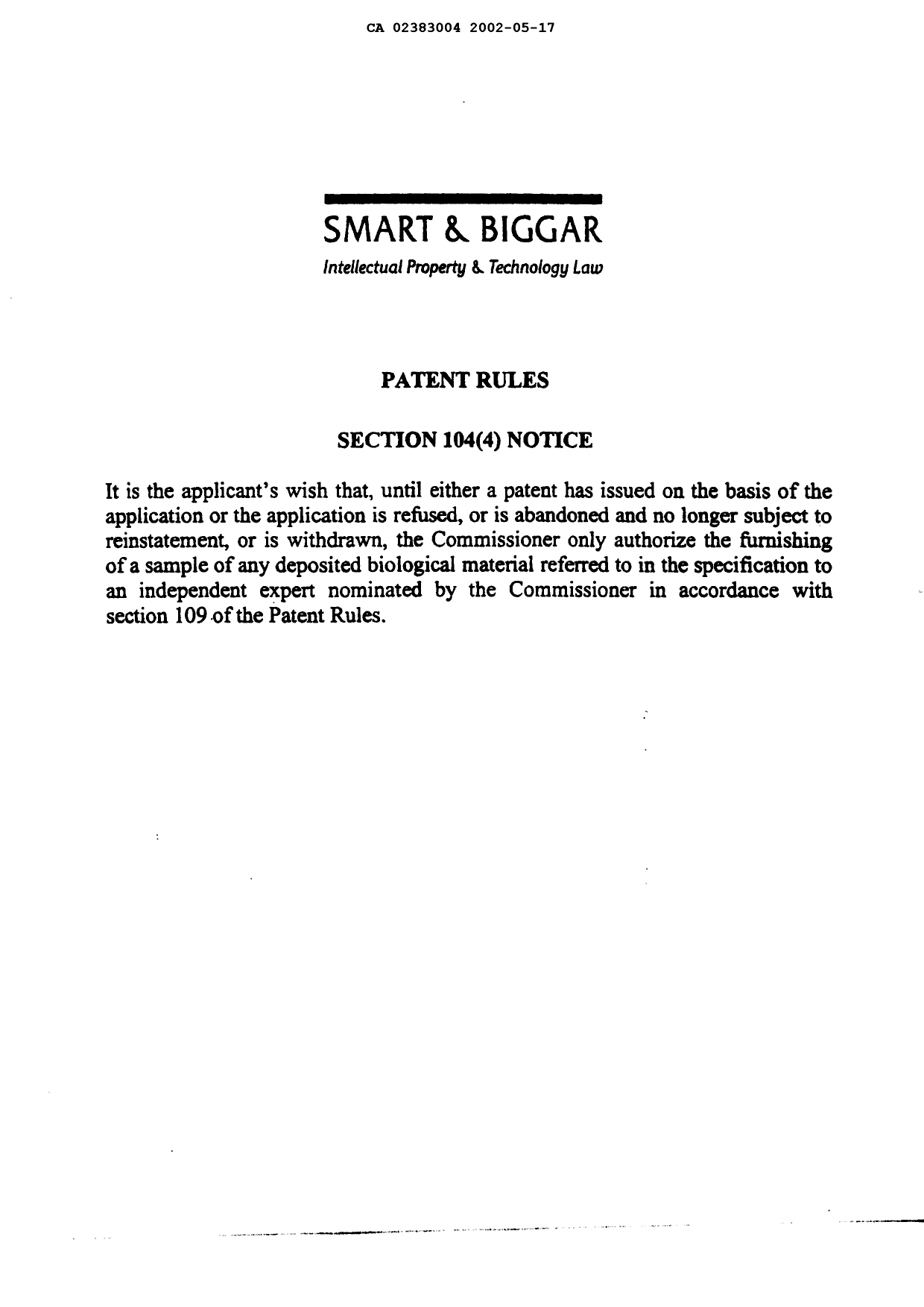 Canadian Patent Document 2383004. Prosecution-Amendment 20020517. Image 1 of 1