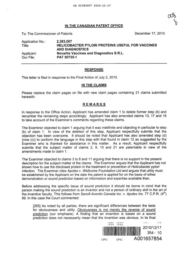 Canadian Patent Document 2383007. Prosecution-Amendment 20101217. Image 1 of 8
