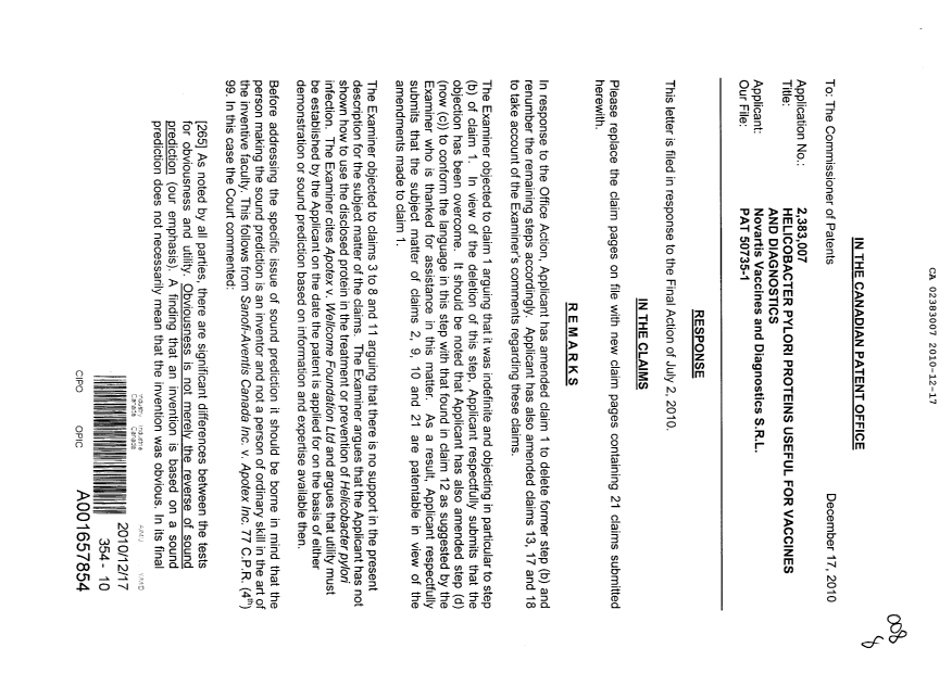 Canadian Patent Document 2383007. Prosecution-Amendment 20101217. Image 1 of 8