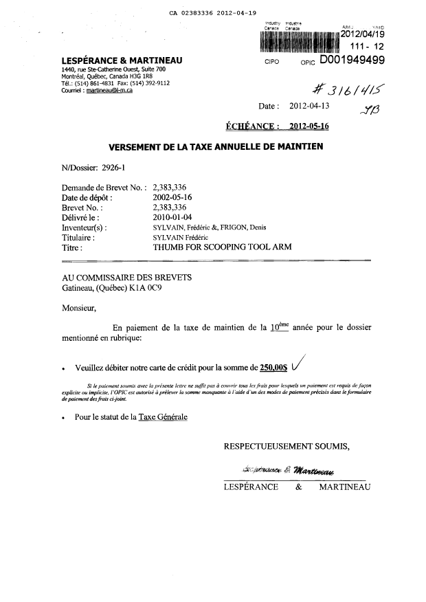 Document de brevet canadien 2383336. Taxes 20120419. Image 1 de 1