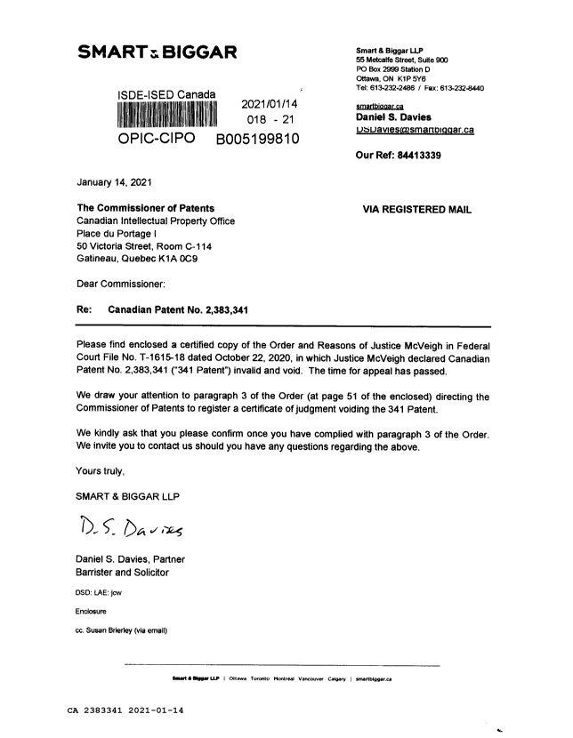 Document de brevet canadien 2383341. Correspondance reliée aux formalités 20210114. Image 1 de 63