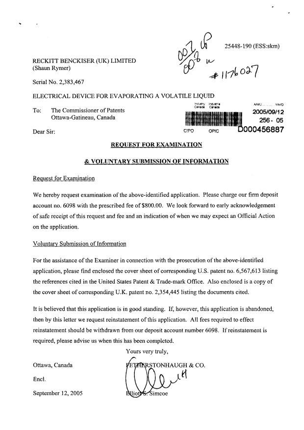 Canadian Patent Document 2383467. Prosecution-Amendment 20050912. Image 1 of 1
