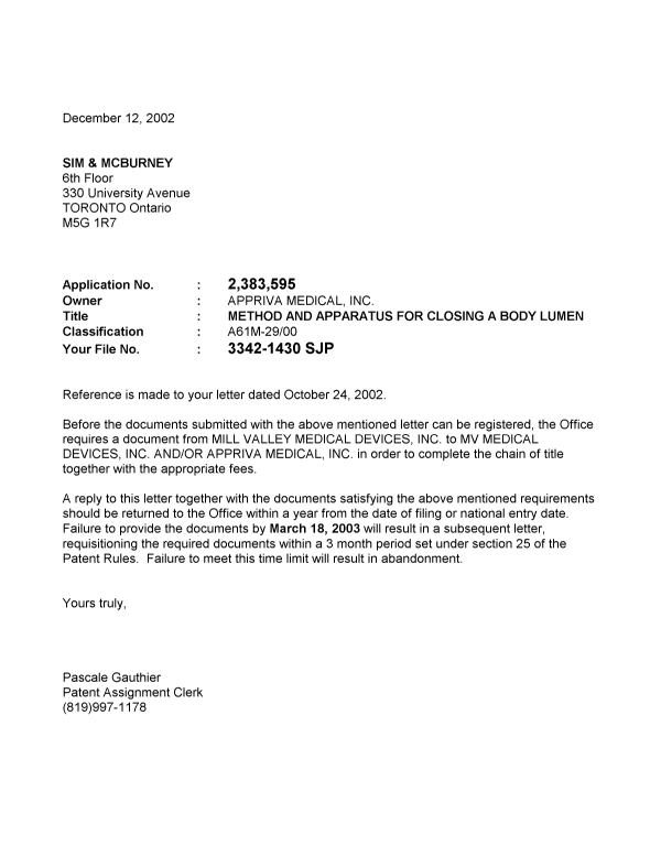 Canadian Patent Document 2383595. Correspondence 20011212. Image 1 of 1