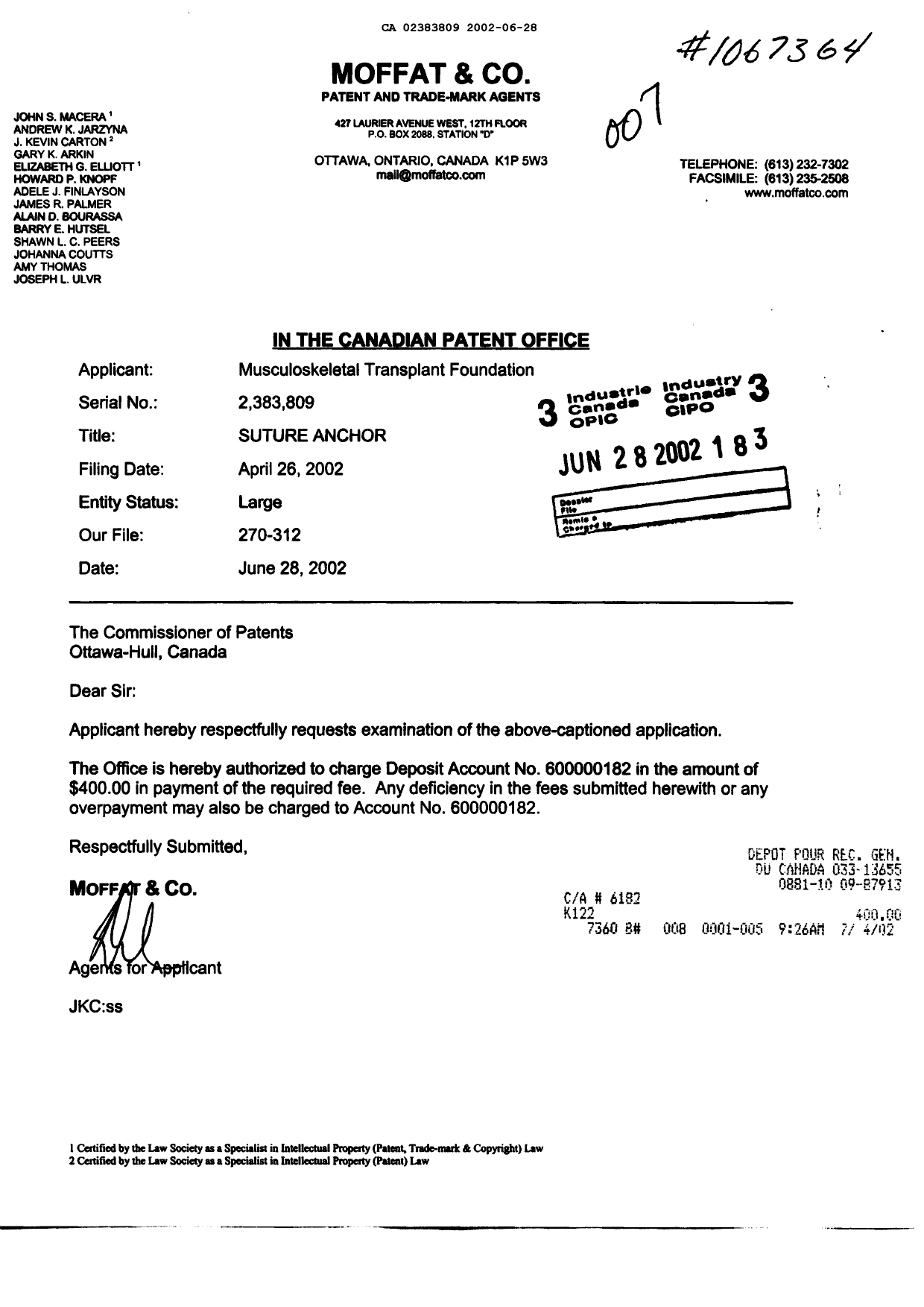 Canadian Patent Document 2383809. Prosecution-Amendment 20011228. Image 1 of 1
