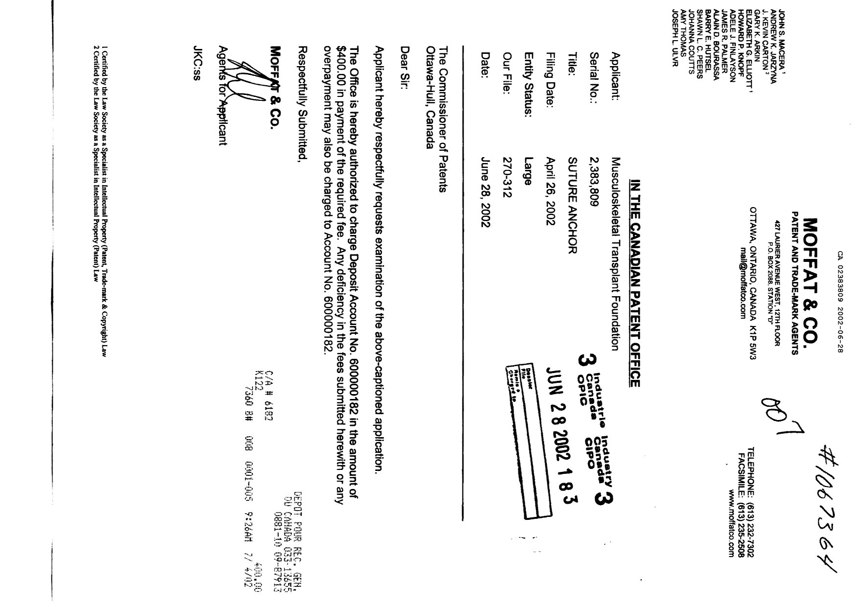Canadian Patent Document 2383809. Prosecution-Amendment 20011228. Image 1 of 1