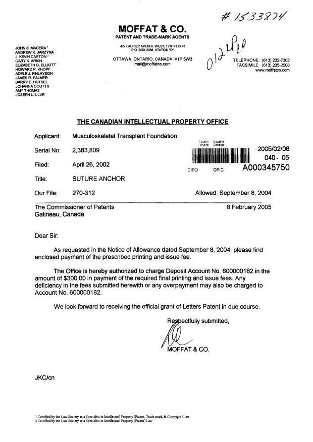 Canadian Patent Document 2383809. Correspondence 20041208. Image 1 of 1
