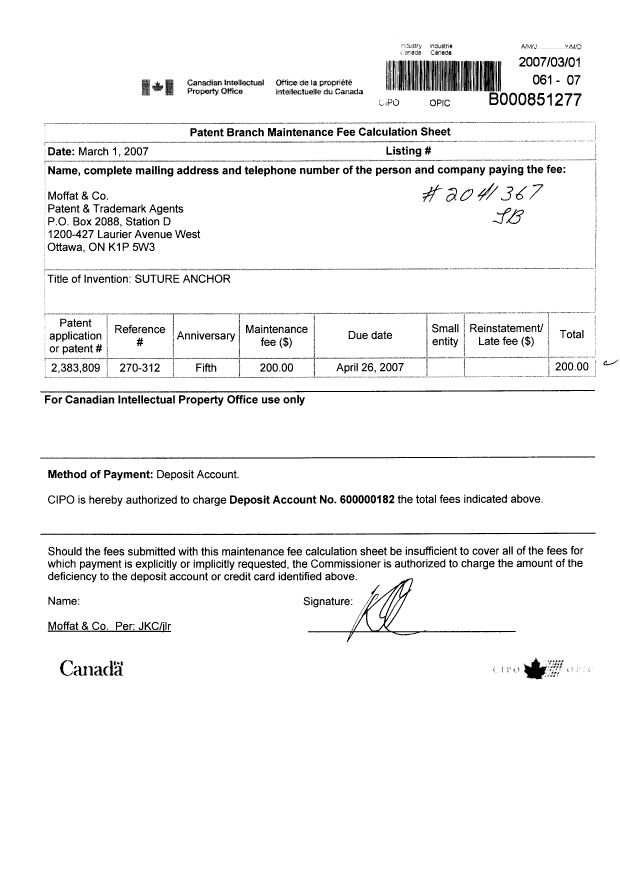 Canadian Patent Document 2383809. Fees 20061201. Image 1 of 1