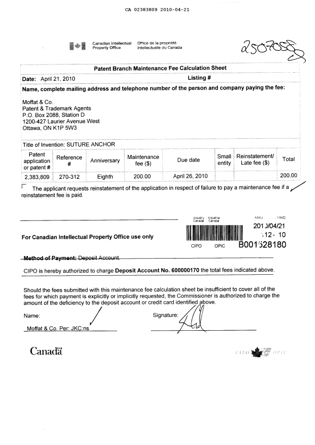 Canadian Patent Document 2383809. Fees 20091221. Image 1 of 1