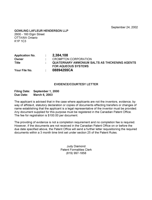 Document de brevet canadien 2384108. Correspondance 20020920. Image 1 de 1