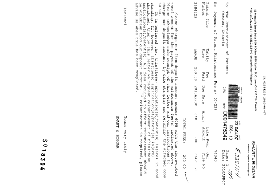 Document de brevet canadien 2384229. Taxes 20100407. Image 1 de 1