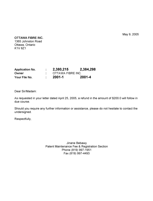 Canadian Patent Document 2384298. Correspondence 20050509. Image 1 of 1