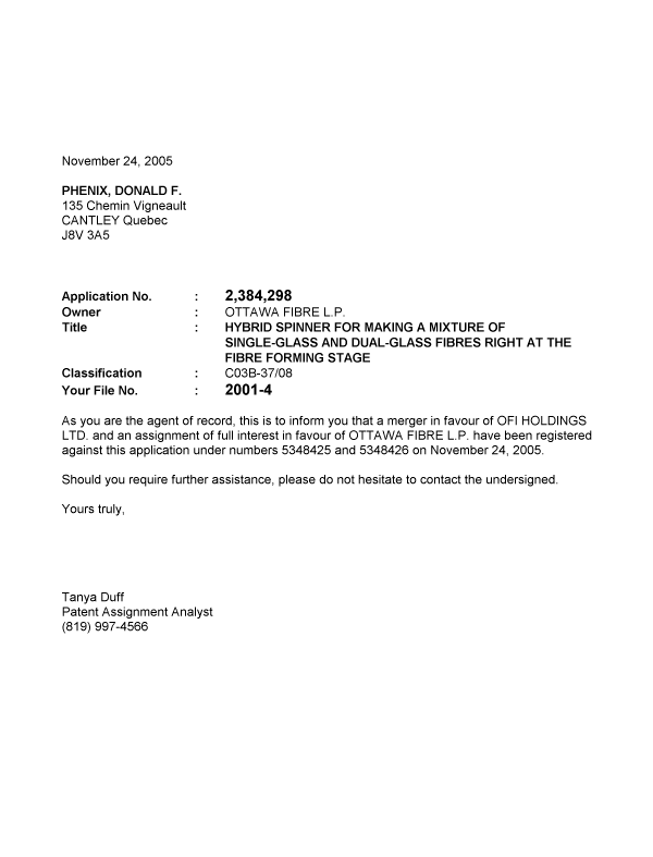 Canadian Patent Document 2384298. Correspondence 20051124. Image 1 of 1